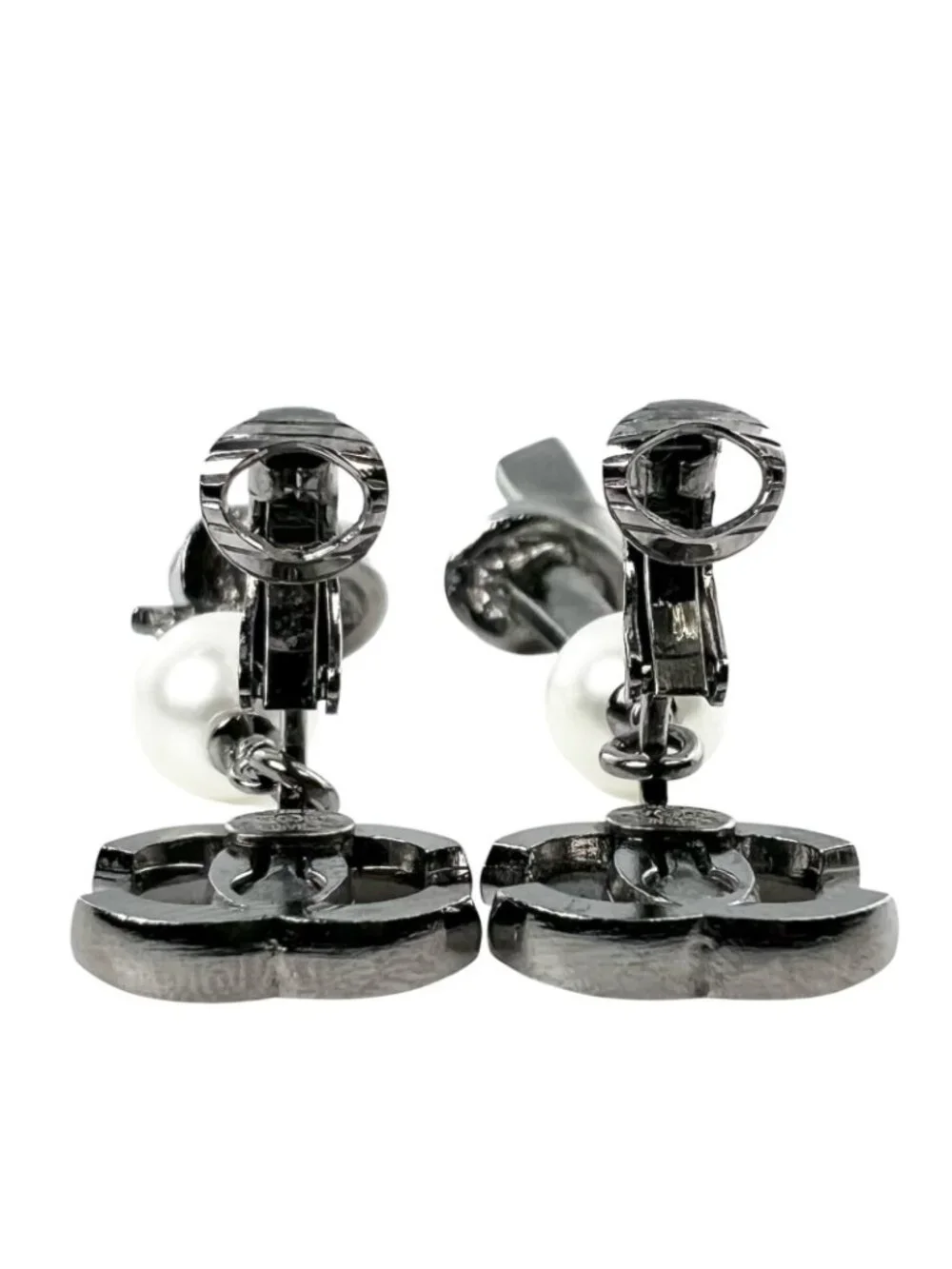 Chanel CC Logo Ribbon Motif Metal Faux Pearl Silver Earrings